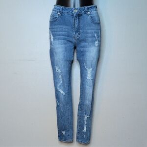 Distressed Blue High-Rise Skinny Jeans – Size 8